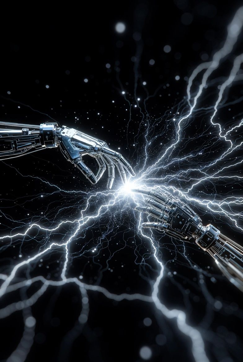 Two robotic hands touching, surrounded by electric arcs